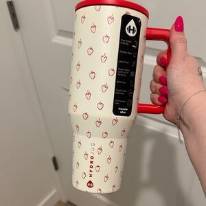 HydroJug Cream Traveler Mug with Red Strawberry Print & Red Lid